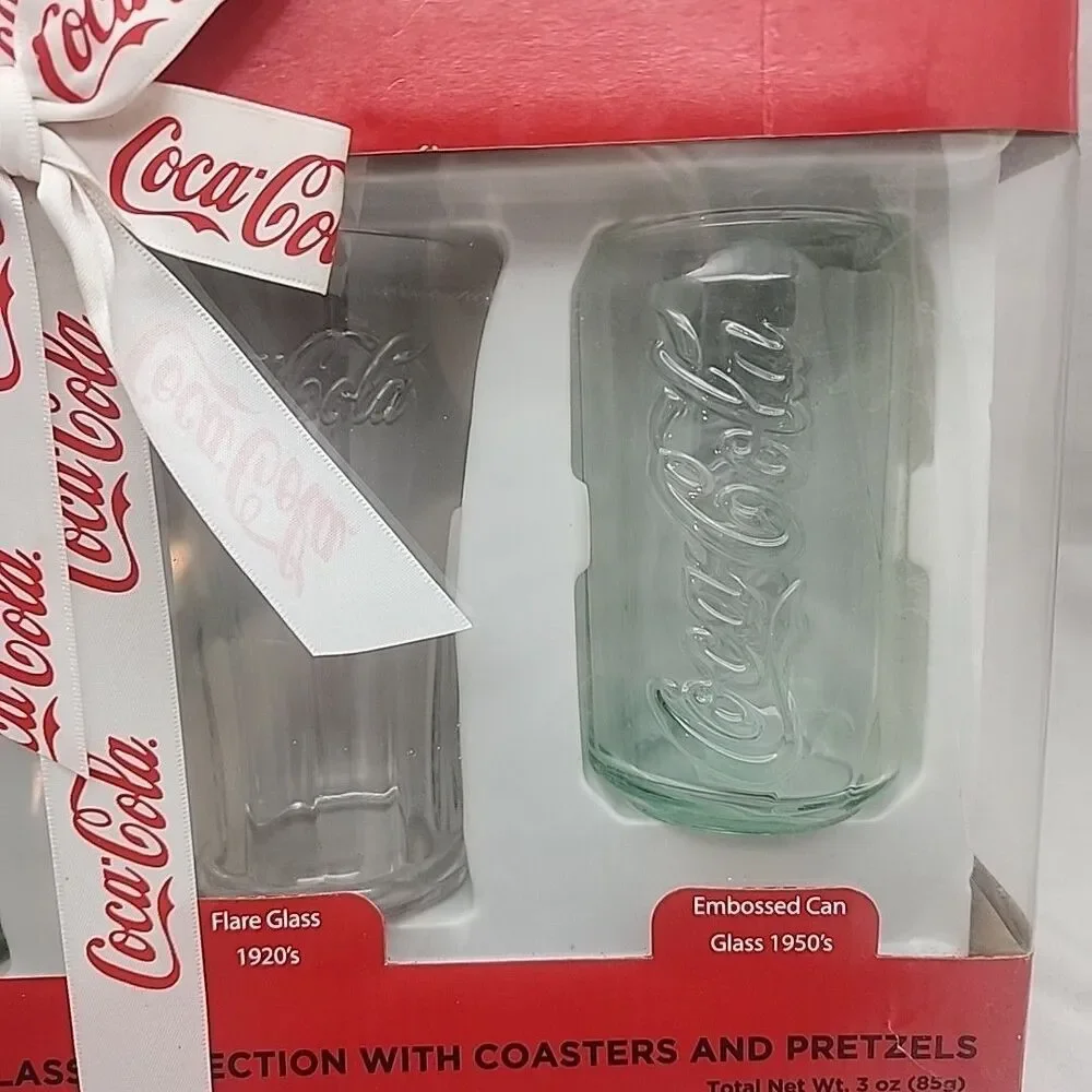 Glassware COCA COLA COLLECTORS SET, 4 Glasses, Coasters, Pretzels Vintage Coke